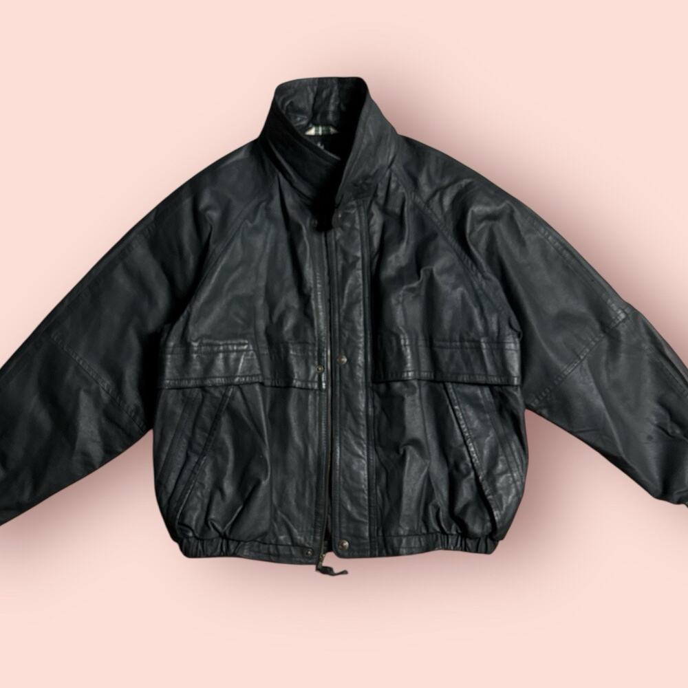 Vtg Men's Black Leather Bomber Jacket Size XL Motorcycle Flight Pilot 90s Zip Up